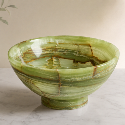 Green onyx decorative bowl with brass base - Karachi Marble & Handicraft