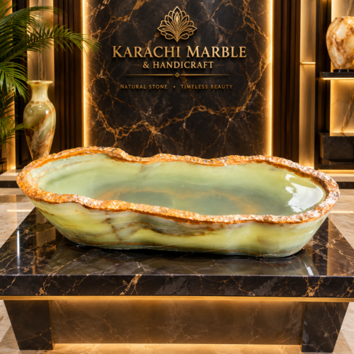 Green onyx natural stone canoe - Karachi Marble & Handicraft