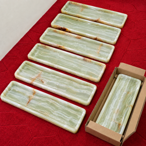 Green onyx rectangular tray with brass handles - Karachi Marble & Handicraft
