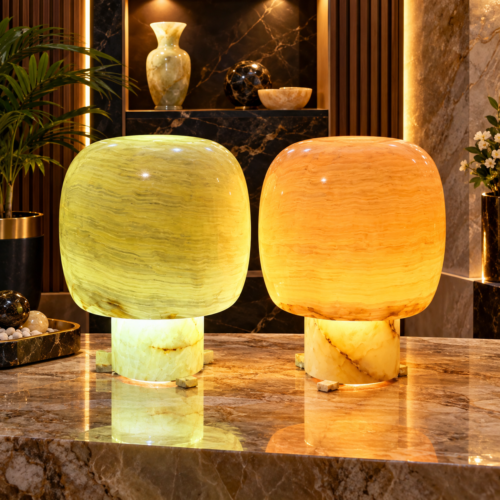 Backlit onyx lamps glowing amber - Karachi Marble & Handicraft
