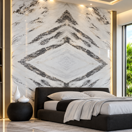 White and grey bookmatch marble feature wall in a luxury bedroom with mirrored veining